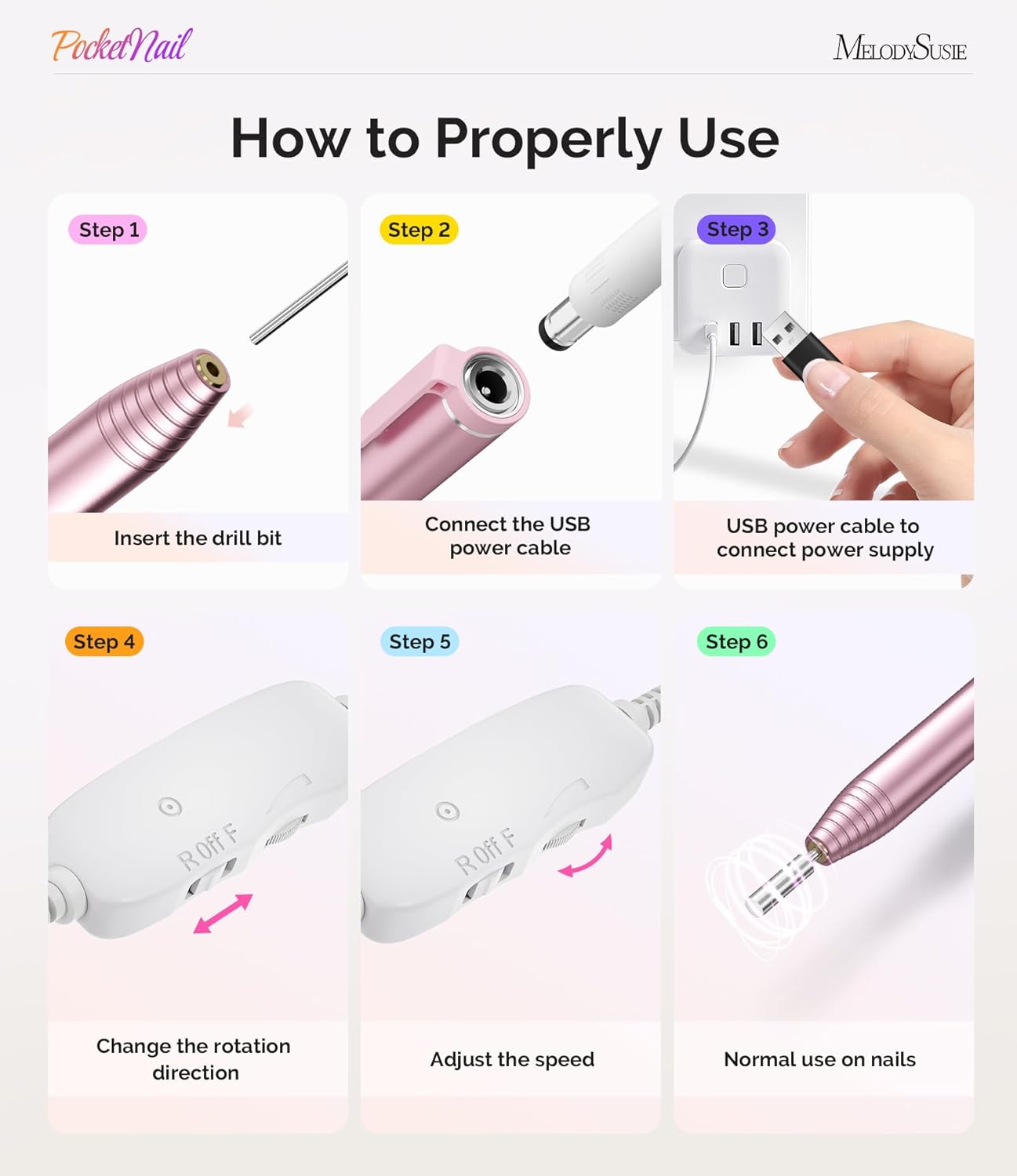 MelodySusie PocketNail Slim Ergonomic Pen-Shaped USB Nail Drill, PC100G 20000RPM Portable Electric File for All Manicure, Pedicure Nail Care, Shaping & Gel Removal at Home for Beginners