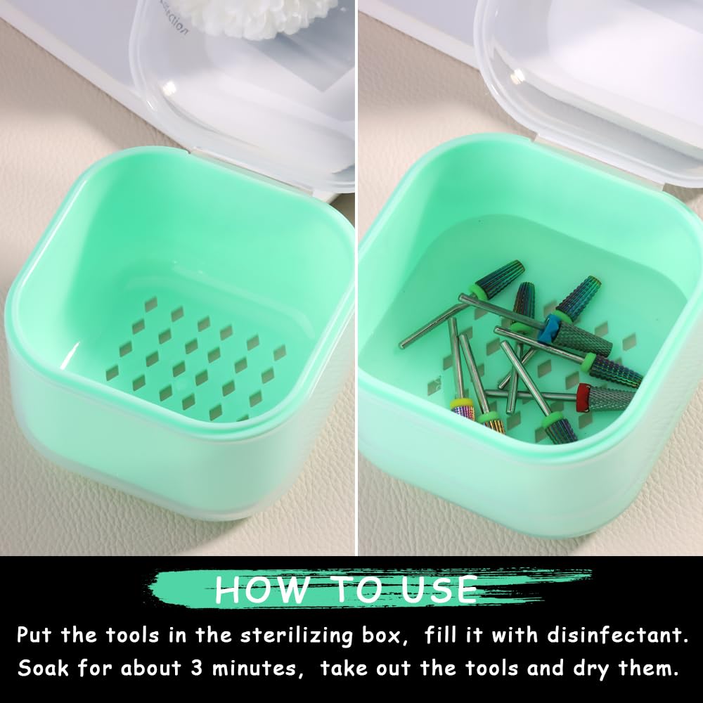 Nail Tool Sterilizer Box Plastic Sterilization Tray for Nail Art Accessories Tools, Portable Disinfectant Container Soaking Box with Strainer for Nail Drill Bits Manicure Cleaning Equipment