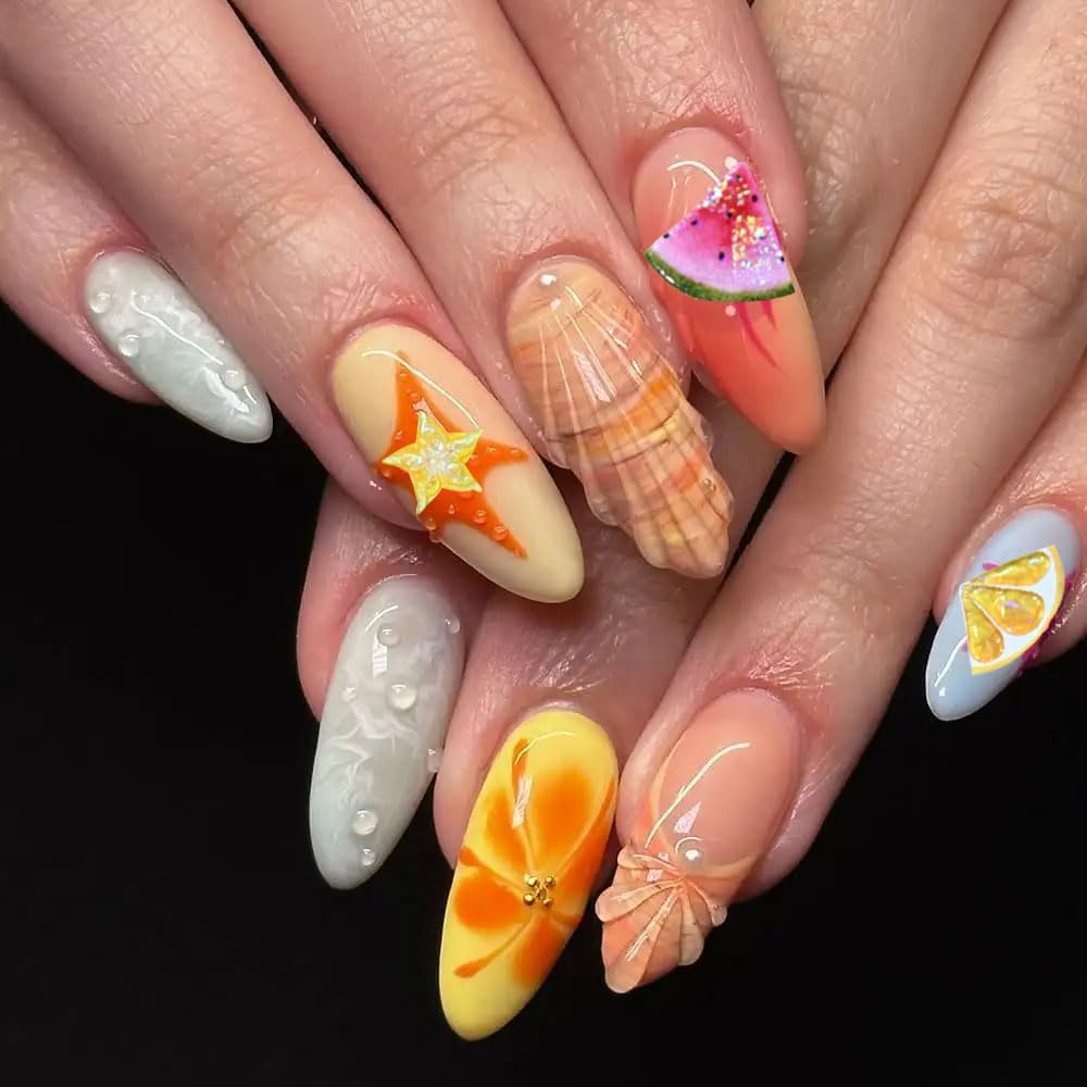 Summer Fruit Nail Art Stickers, 2 Sheets, 5D Embossed Self-Adhesive Decals with Strawberry, Grape, Lemon, Apple, Cherry Design for DIY Nail Decoration