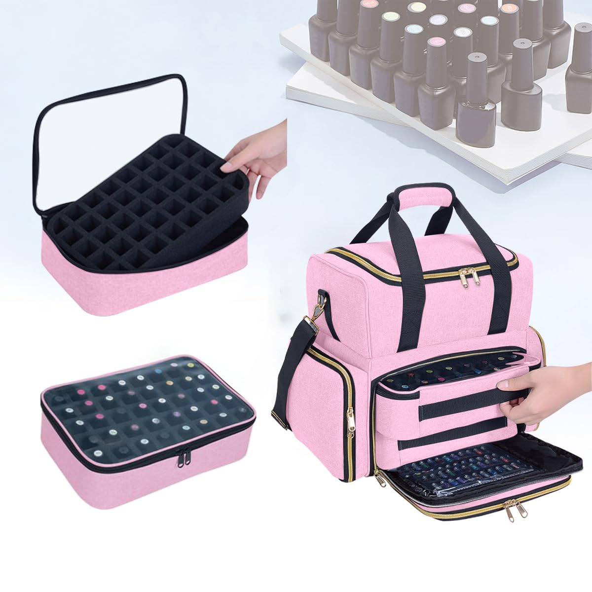 Nail Polish Organizer Case Holds 80 Bottles(15ml/0.5fl.oz) Portable Travel Storage Box with 2 Detachable Bags, Designed for Women's Nail Tools, Essential Oils and Cosmetics Sets(Pink)