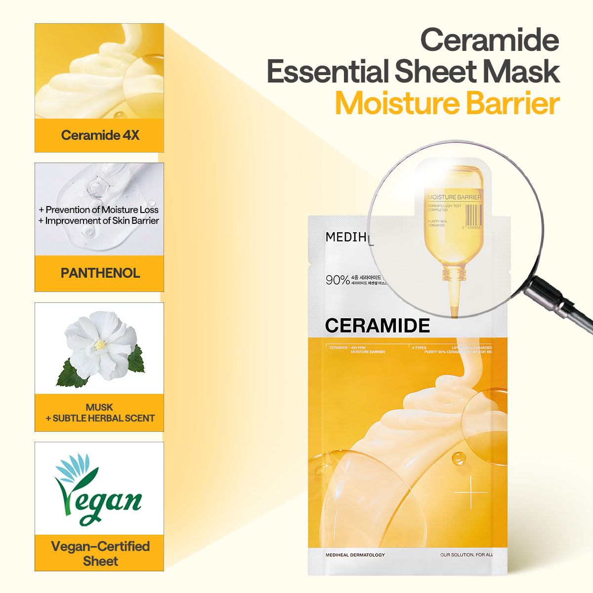 Mediheal Ceramide Essential Sheet Mask Moisture Barrier 10 pcs. 90% Ceramide & 4X Ceramide Liposome Technology for intense hydration and strengthening the barrier. Vegan formula