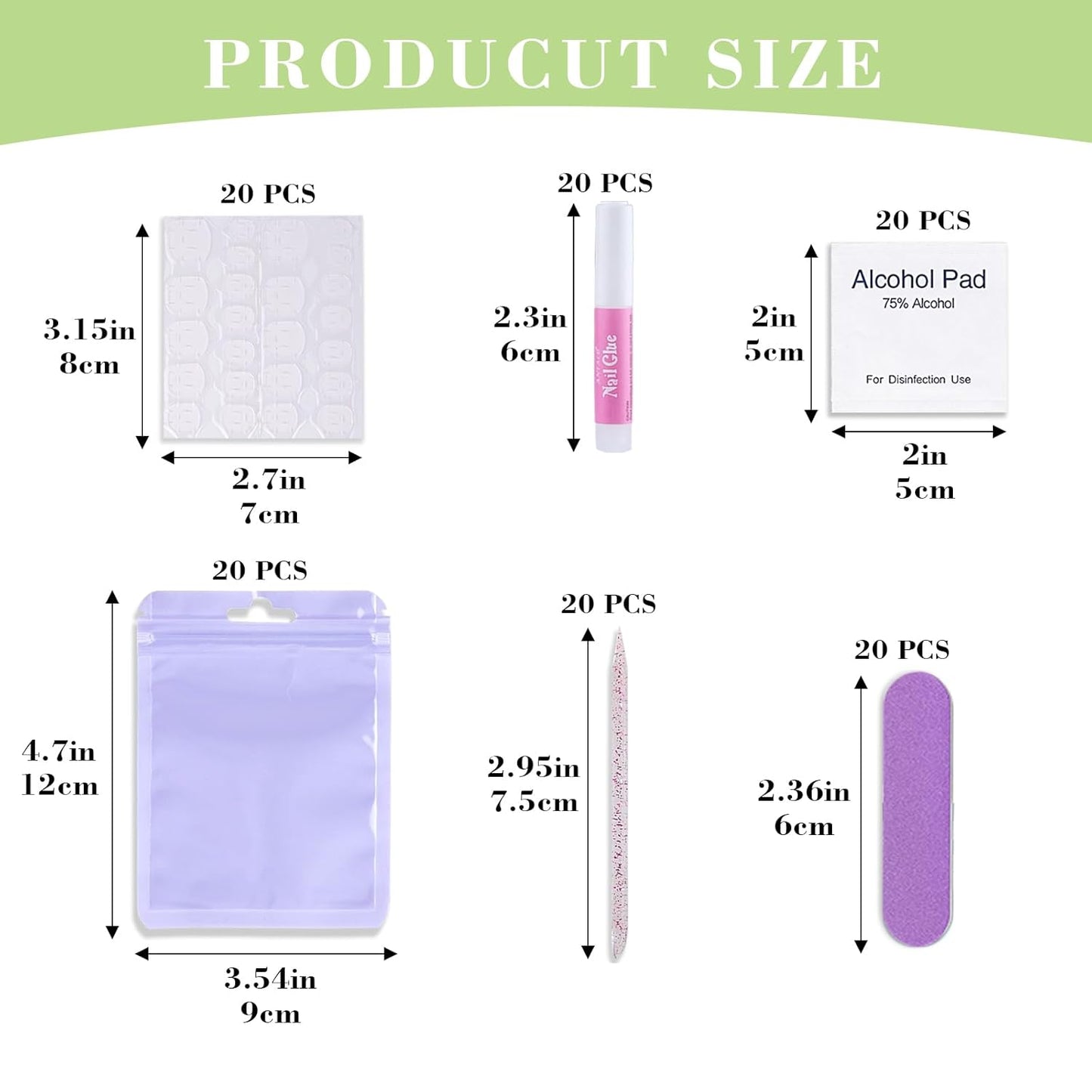 Press On Nail Tool Kit with Everything, Bebbtiy Press On Nail Prep Tool Kit Disposable Manicure Kit with Nail File, Nail Glue, Prep Pads, Adhesive Nail Tabs, Wood Stick, Packaging Bag (20pcs-purple)