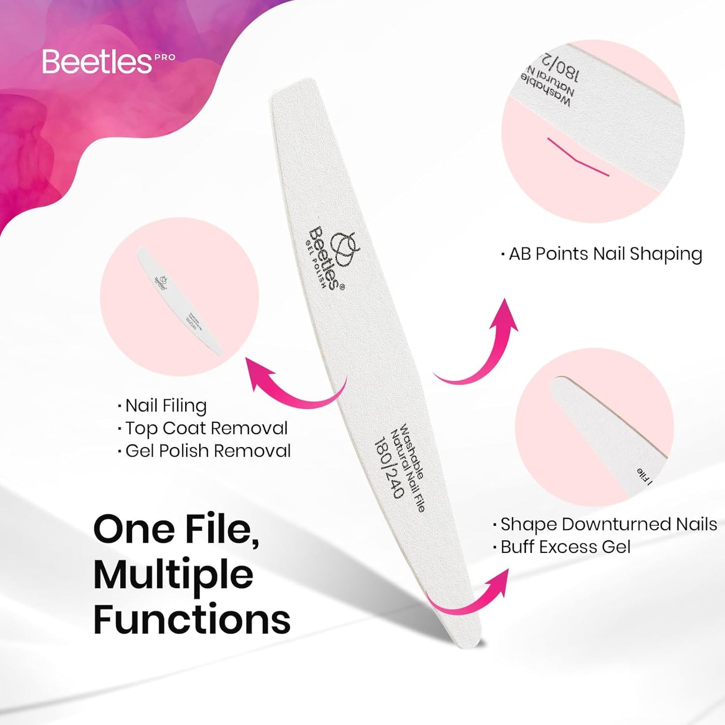 Beetles Pro 10-Pcs Nail File – Professional 180/240 Grit Washable Natural Nail File Double Sided Wood Board Nails Files for Acrylic, Gel & Natural Nails – Salon Quality Manicure Tool