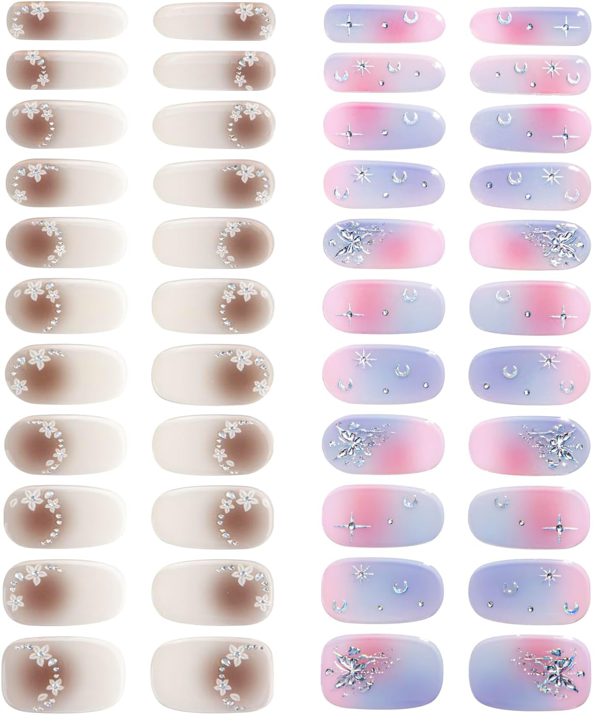 No Lamp Gel Nail Strips 44 Pcs Wraps - Gradient Brown + Pink Purple, Easy Apply Gel Nail Stickers Long Lasting, Salon-Quality, 4 Prep Pads, 2 File, 2 Wooden Stick