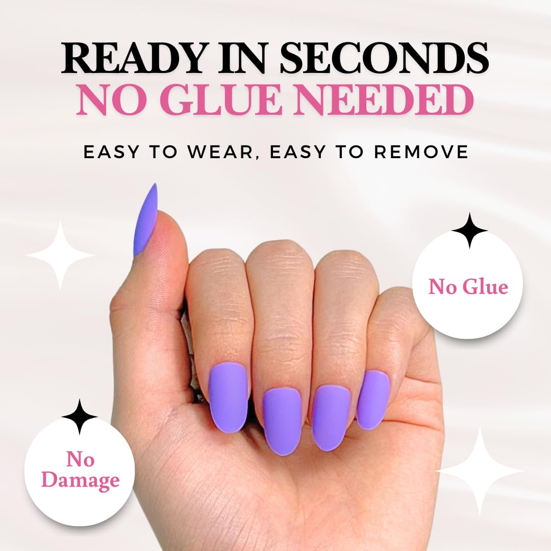 Perfect Look Press On Nails - Matte Orchid | No Glue One-Day Short Oval Nails, Matte Purple Style for Daily Chic - 24 Pcs Nail Kit with Adhesive Tabs