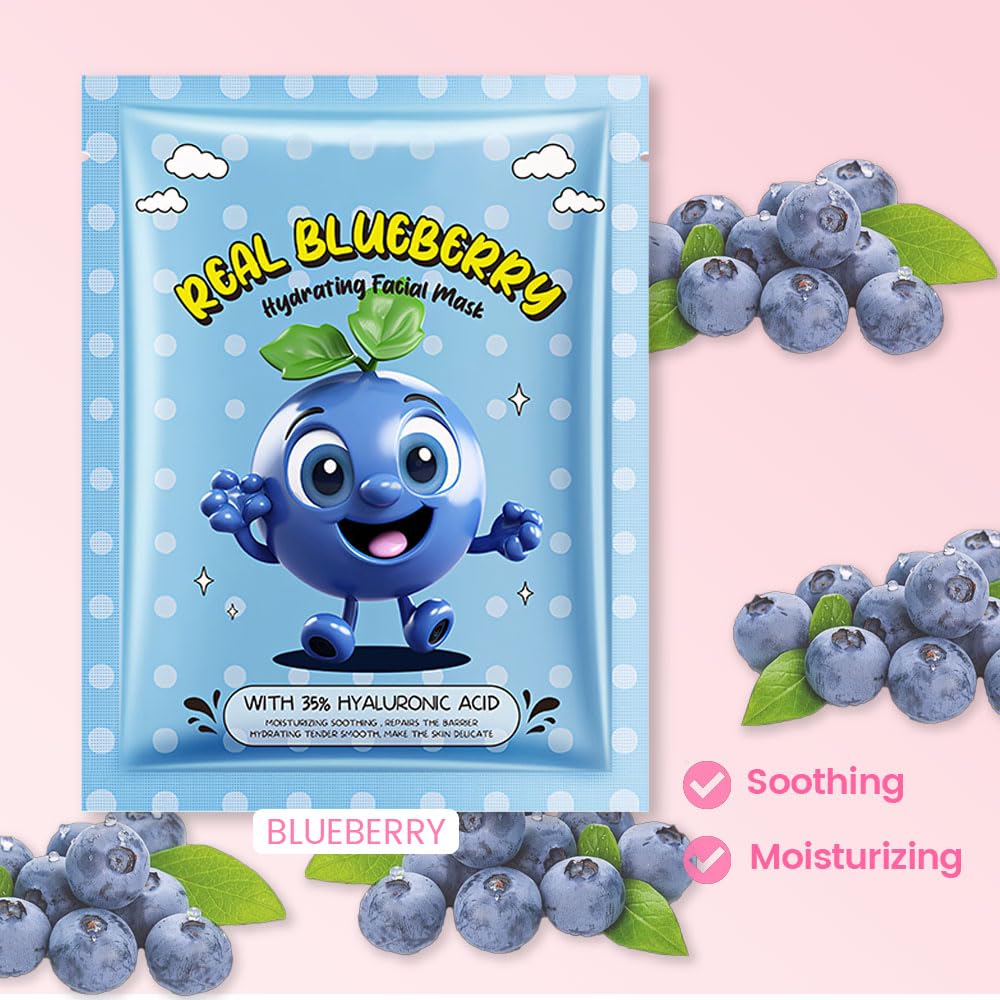 8 PCS Real Hydrating Nature Face Masks Skincare, Hyaluronic Acid, Vitamin C and E, Chamomile, Korean Beauty Essence Facial Paper Sheet Mask for Skin Care Moisturizing (Blueberry)
