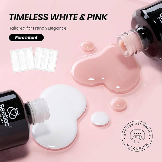 Beetles French Manicure Kit - White Nude Pink Gel Nail Polish Soak Off UV LED French Tip Gel Polish with 2 French Manicure Nail Art Sticker Sheets, Classic French Nail Kit for DIY at Home or Salon