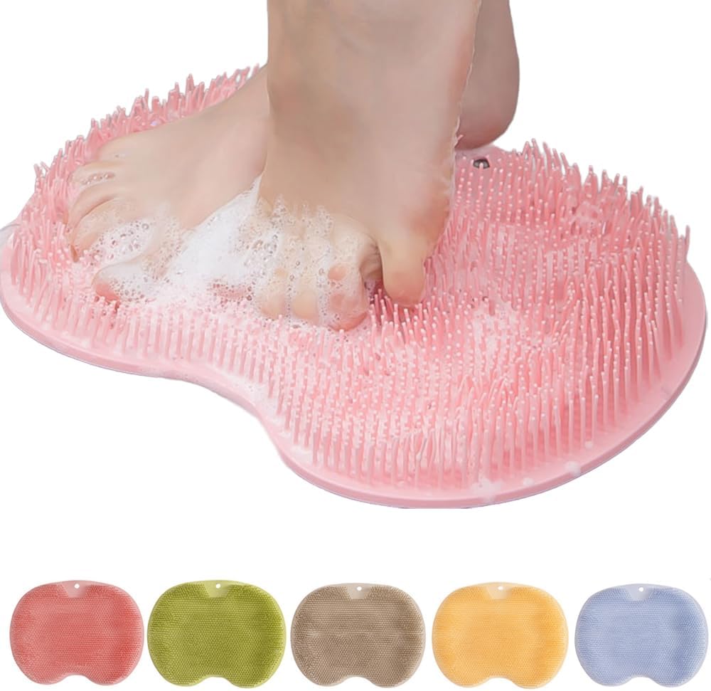 Shower Foot Scrubber Mat with Non-Slip Suction Cups, Foot Back Cleaning Pad Back Washer Exfoliating Bath Wash Pad, Wall Mounted Slip Suction Cups for Use in Cleaner Men and Women (Pink)