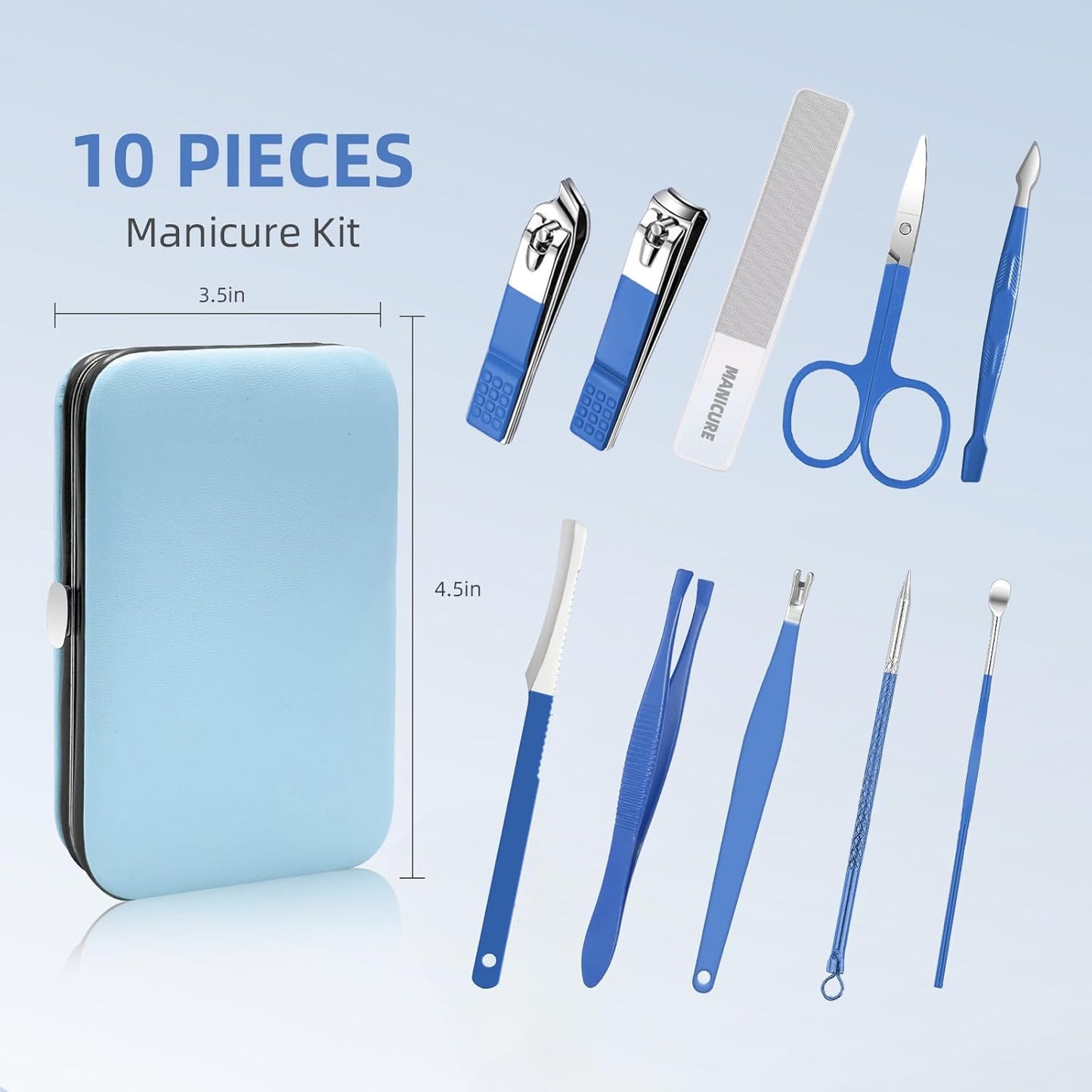 Manicure Set 10 pcs Personal Care Manicure kit for Men,Mens Nail Grooming kit, Andrea Nail kit,Nail Care Tools with Luxurious Travel Case(Blue)