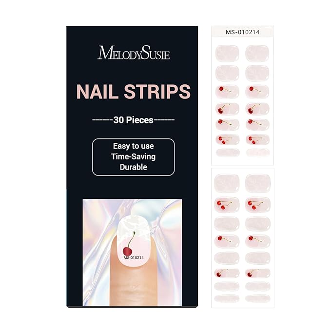 MelodySusie 30PCS Semi Cured Gel Nail Strips (Cherry White French Tips), Works with Nail lamp, Salon Quality, Long Lasting, Easy to Apply and Remove, Includes 2 Prep Pads, Nail File and Wooden Stick