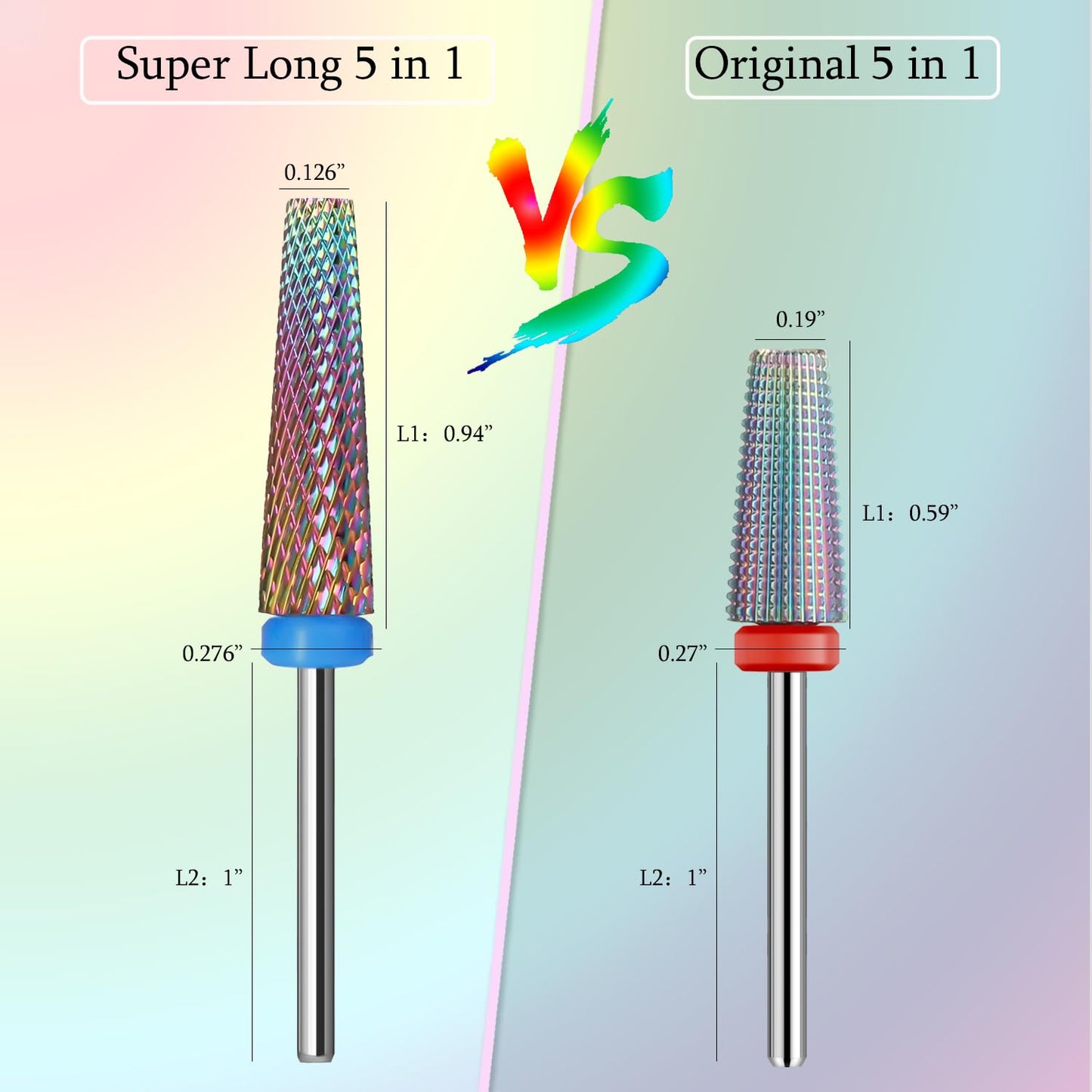 Super Long 5 in 1 Nail Drill Bits, Professional 3/32'' Carbide Tungsten Two Way Rotary Nail Cleaner Nail Bits, Suitable for Manicure Pedicure Cuticle Gel Polishing Acrylic Nails(Rainbow, Medium-M)