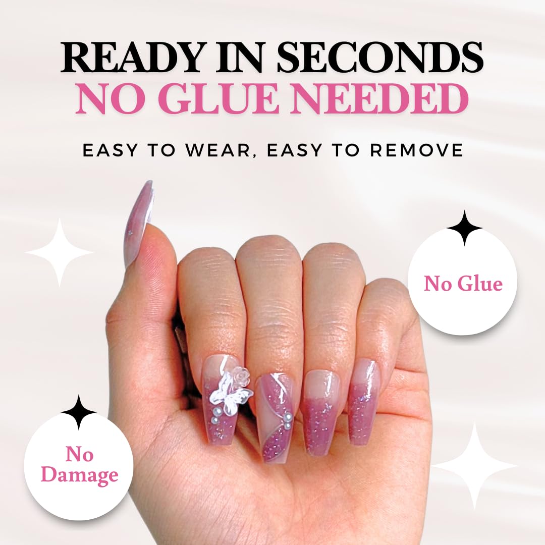 Perfect Look Press On Nails - Butter Rose | No Glue One-Day Long Coffin Fake Nails, Rose Pink Glitter Nails with Pearl - 24 Pcs Nail Kit with Adhesive Tabs