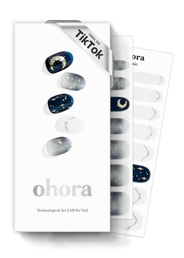 ohora Semi Cured Gel Nail Strips (N Moonlight) - Dark, Patterned, Works with Any UV/LED Lamps, Salon-Quality, Long Lasting, Easy to Apply & Remove - Includes 2 Prep Pads, Nail File & Wooden Stick