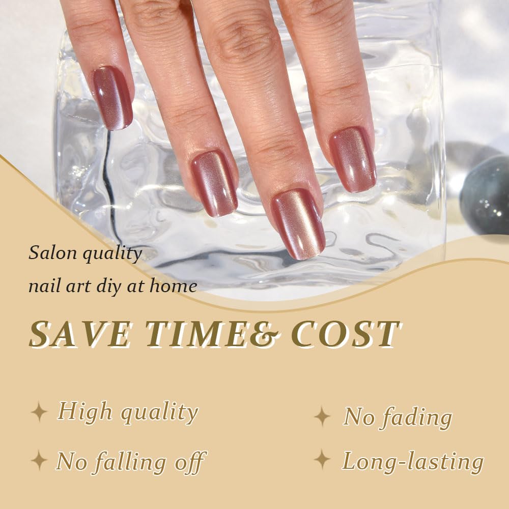 evpct Pale Mauve Cat Eye Short Press on Nails Square, Glue on Nails Short Square for Women Gift, Mauve Metallic Glitter Glossy nails press ons, Reusable Stick Press on Acrylic Fake Nail with Designs