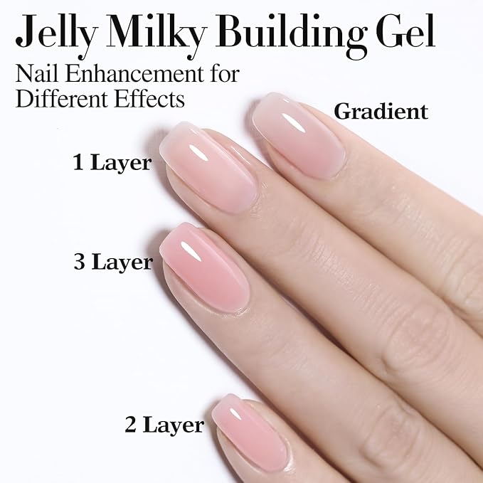 Double Rhythm Milky Pink Rubber Gel Nail Polish 15ml Nail Strengthener in a Bottle Nail Extension Hard Gel Soak Off Long Lasting Gel (Light Pink 8 in 1-4)