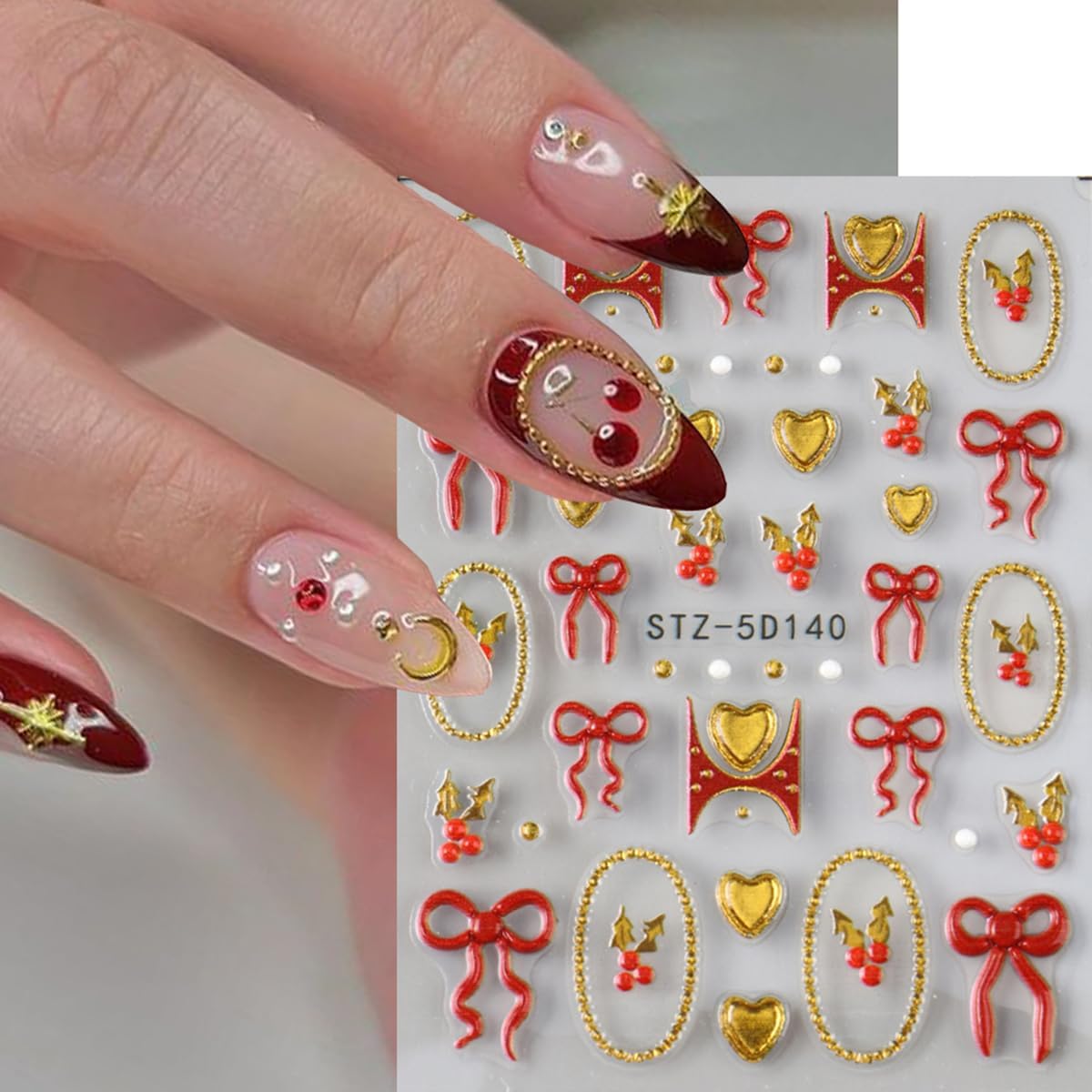 Christmas Nail Art Stickers Decals 5D Embossed Bow Nail Stickers 2PCS Red Gold Bow Heart Gold Circle Cherry Xmas Nails Design Self-Adhesive Nail Decals Manicure Supply for Women DIY Nail Art
