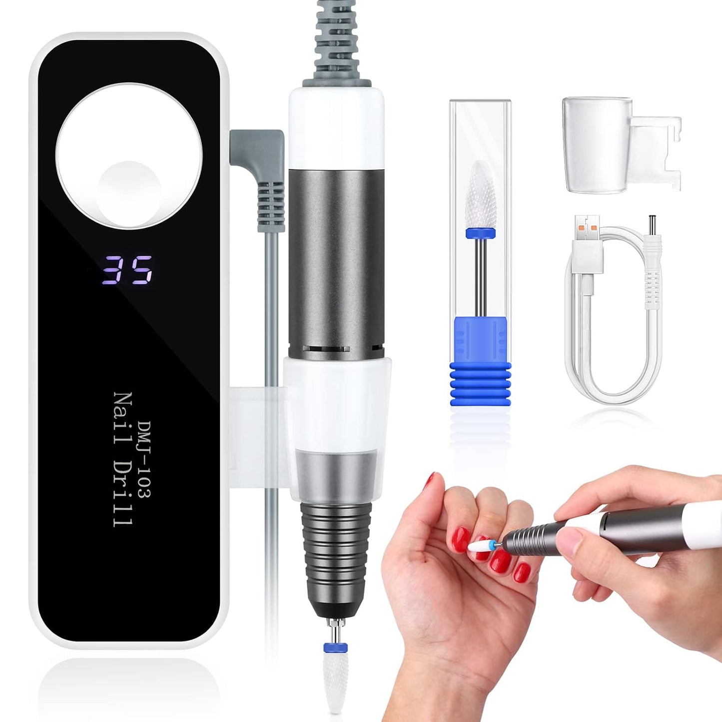 SAVILAND Electric Nail Drill 35000RPM: High Speed Portable Nail Drill Machine Nail File with Ceramic Corn Bit USB Rechargeable for Acrylic Gel Nails Removal Manicure Pedicure Kit for Home Salon White