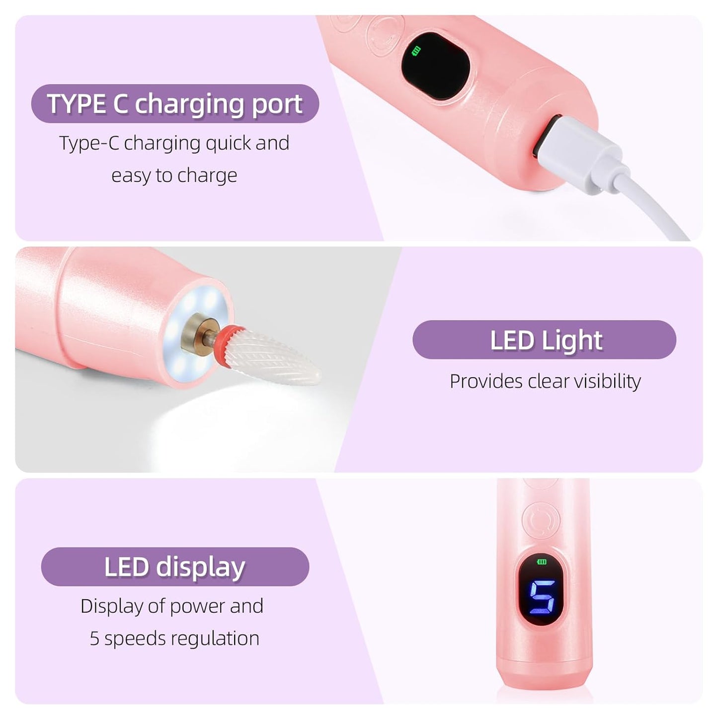 Electric Nail Files Cordless Rechargeable Nail Drill Machine for Natural Acrylic Gel Nails Professional Portable Efile Manicure Pedicure Kit for Girl Women Mum Home Use Beginners (Pink)