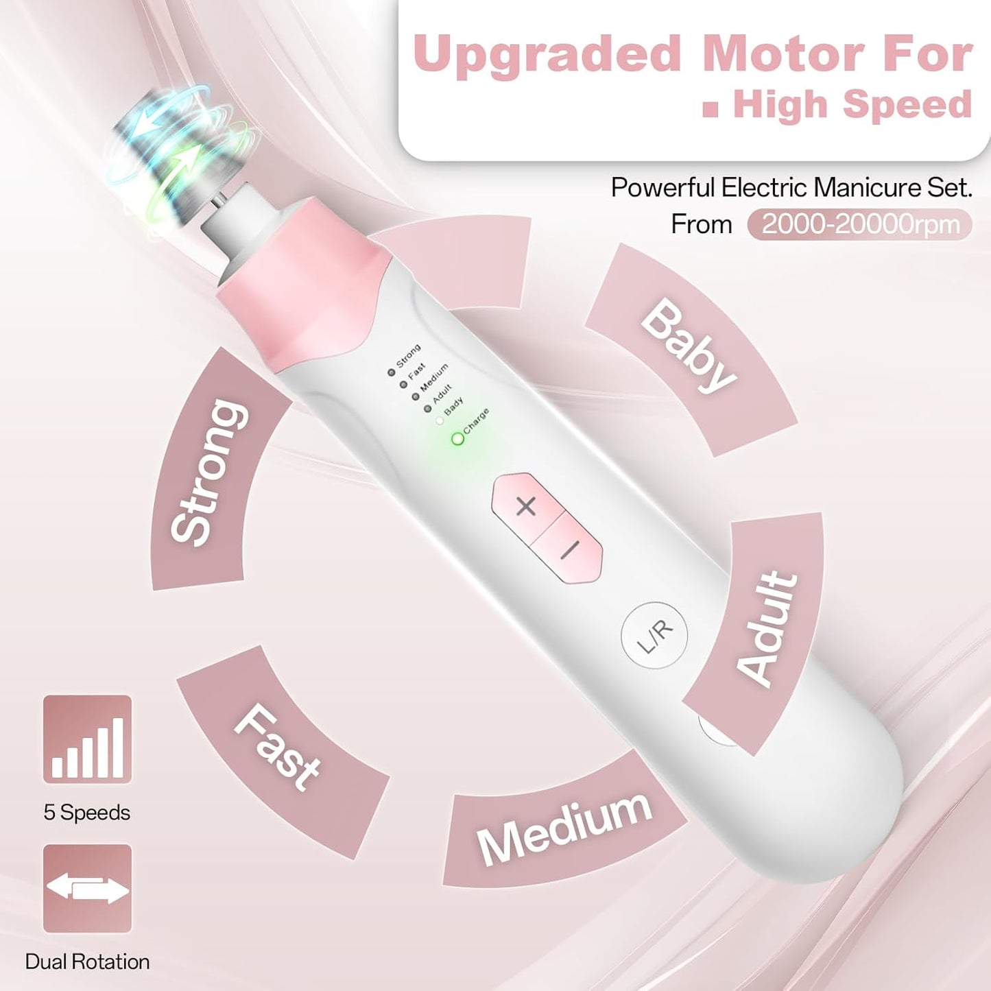 Electric Nail File Drill, Cordless 2000 mAh Rechargeable Nail Filer Electric, Portable Nail Dril Machine Drill for Nails Acrylic Manicure and Thick Toenails Buffer Grinder Care Professional (Pink)