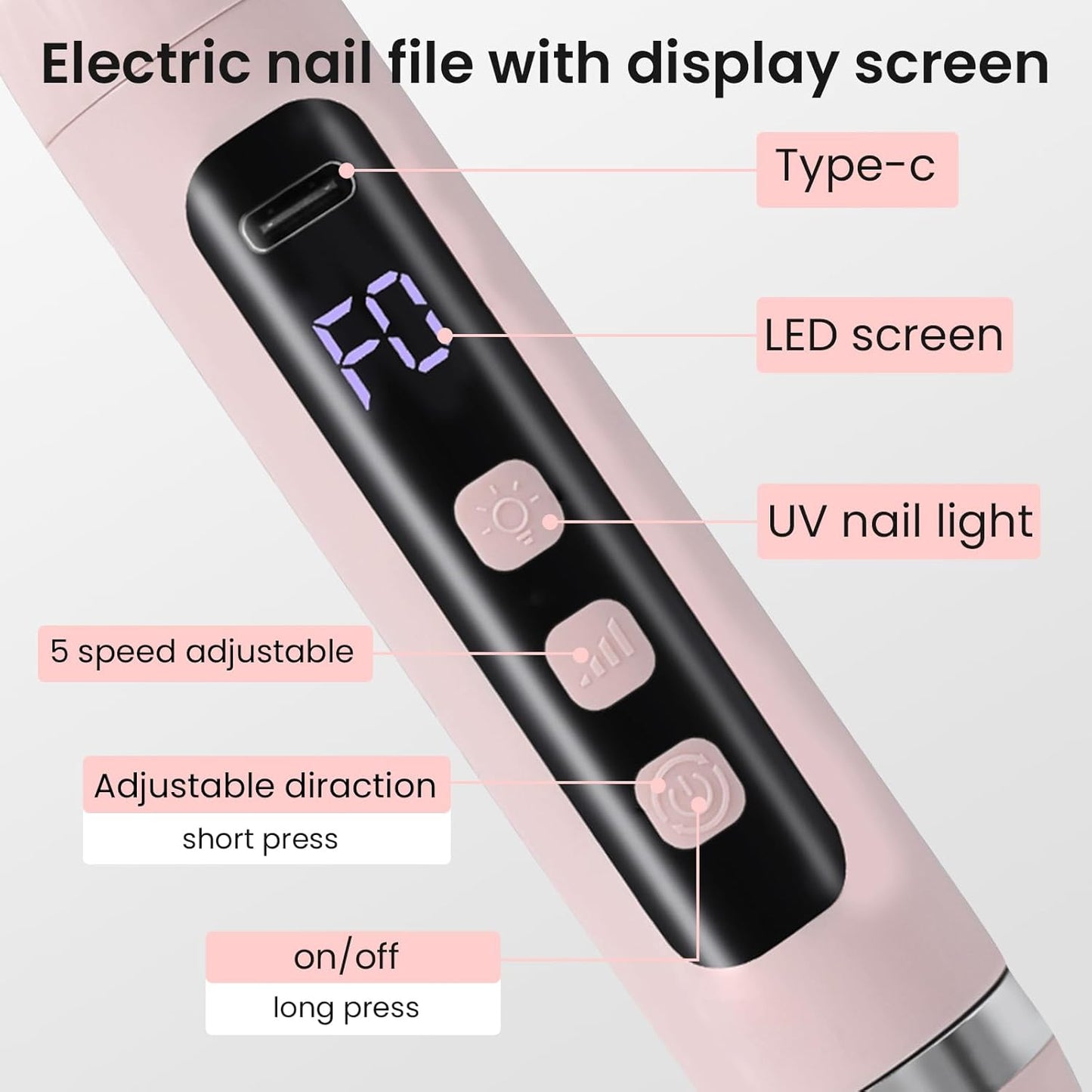 Cordless Nail Drill Electric Nail File with UV Light,Portable Professional Rechargeable Electric Nail Grinder Machine for Thick Nails,Acrylic Gel Nails & Natural Nails,for Home & Travel