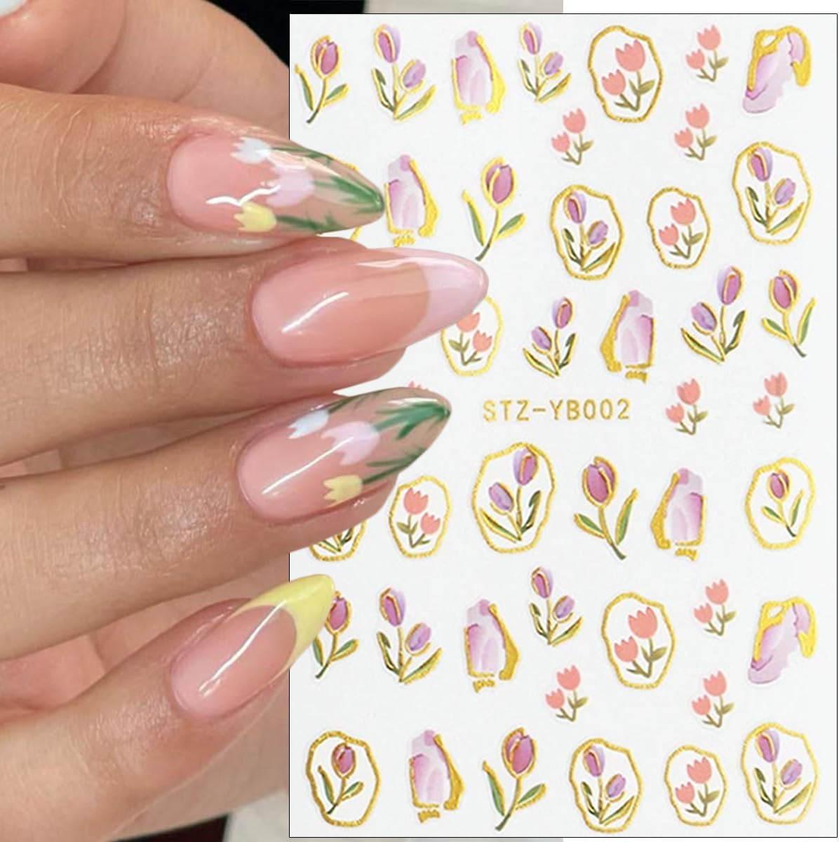6Sheets Spring French Nail Stickers 3D Self Adhesive Flower Nail Decals Elegant Tulip Flower Bow Nails Art Stickers Blue Hibiscus Floral Nails Art Design Supplies for Women Girls DIY French Manicure