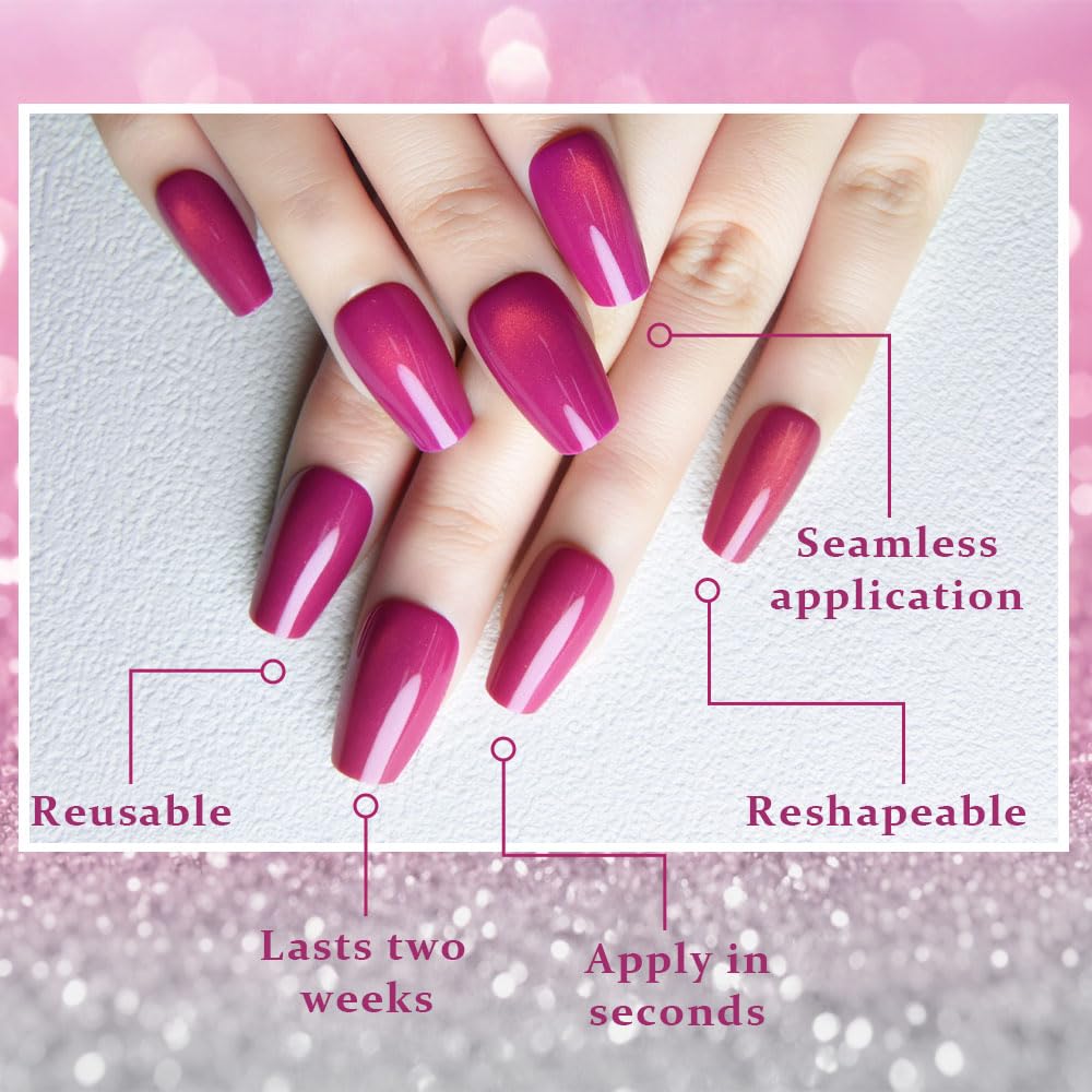 evpct Purple Red Cat Eye Coffin Press on Nails Square Medium, Medium Square Glue on Nail for Women, Purple Red Metallic Glitter Glossy Reusable Summer Soft Gel Press on Acrylic Fake Nail with Designs