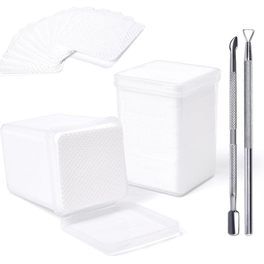 Lint Free Nail Wipes 400Pcs Nail Polish Removal Wipes with 2Pcs Cuticle Pushers Disposable Non-Woven Nail Cotton Pads Super Absorbent Eyelash Extension Glue Cleaning Wipes Salon Home Use