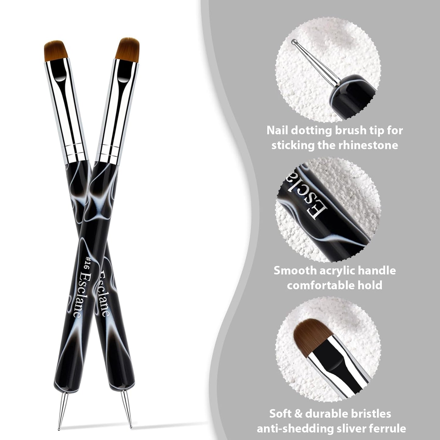 French Manicure Brush, Esclane 2 Way French Nail Brush with Dotting Tool for Manicure Cuticle Clean Up Nail Art Design, French Tip Brush (Black, #16)