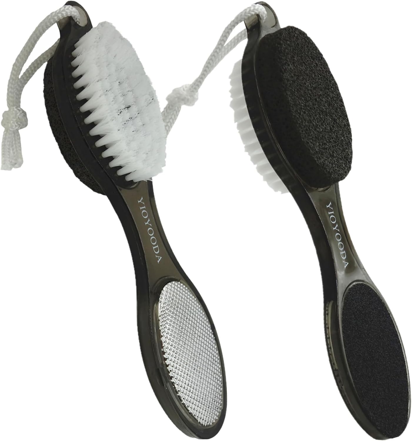 Foot File Callus Remover 4-in-1, 2 Pcs Feet Scraper Pedicure Tools with Pumice Stone, Scrubber Brush, Foot Rasp and Sand Paper, Double Sided Multi Purpose, Clear Black