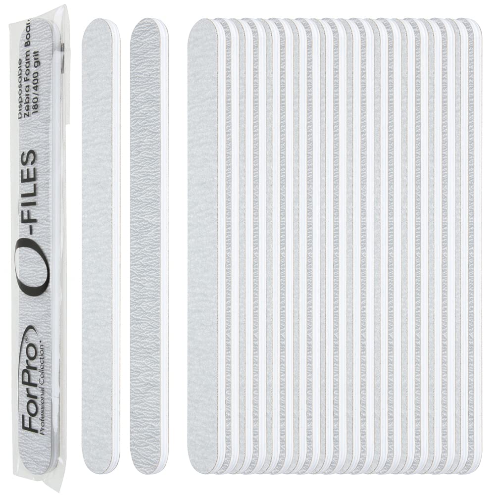 ForPro O-Files Foam Board, 180/400 Grit, Zebra, Double-Sided Manicure Nail File, 6” L x .75” W, 100-Count