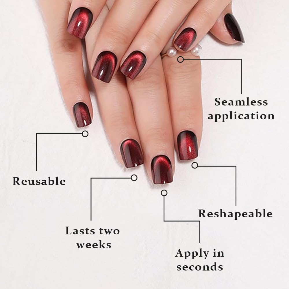 evpct Wine Red Cat Eye Extra Short Press on Nails Square, Petite Short Square Glue on Nails for Women Gift, Black Wine Red Metallic Glitter Glossy Reusable Gel Press on Acrylic Fake Nail with Designs