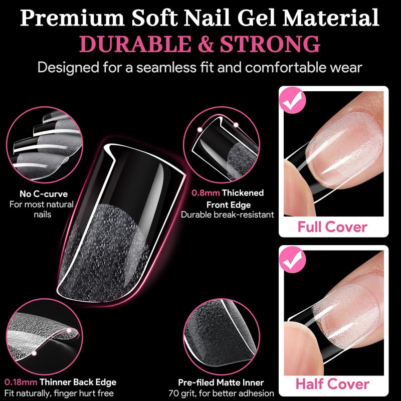 Extra Short Sharp Square Fake Nail Tips - 15 Sizes 240 PCS Clear French Half Matte Press On False Nail Tips Full Cover Gel Nail Tips Extensions Thick Long Lasting DIY Beginners & Salon Manicure