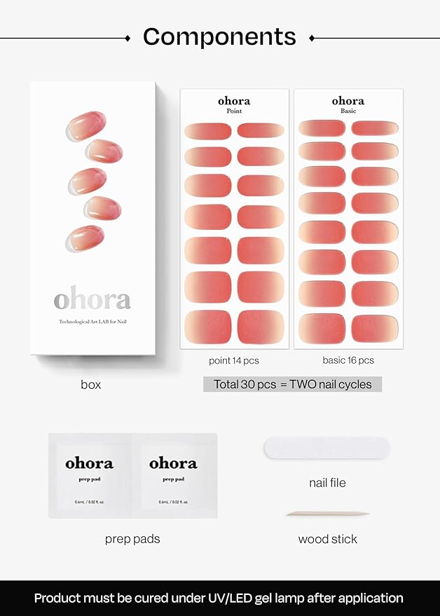 ohora Semi Cured Gel Nail Strips (N Basic Nails no.1) - Red, Ombre, Works with Any UV/LED Lamps, Salon-Quality, Long Lasting, Easy to Apply & Remove - Includes 2 Prep Pads, Nail File & Wooden Stick