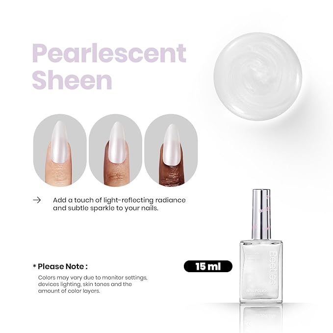 Beetles 2 in 1 Nail Strengthener Polish 1Pcs 15ml Pearl White Nail Polish-Fast Drying & Long Lasting Nail Polish Pearlescent Sheen Nail Lacquer Shimmer Art Effect for Nail Salon-Quality Results