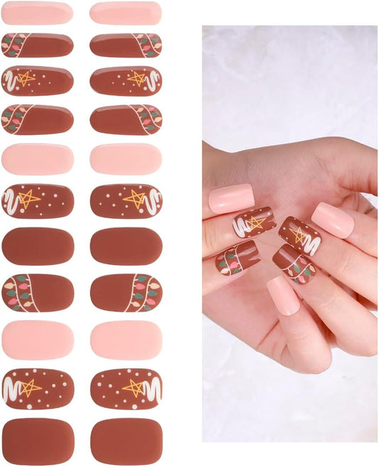No Lamp Gel Nail Strips 22 Pcs Wraps - Coffee Pink, Easy Apply Gel Nail Stickers Long Lasting, Salon-Quality, 2 Prep Pads, 1 File, 1 Wooden Stick