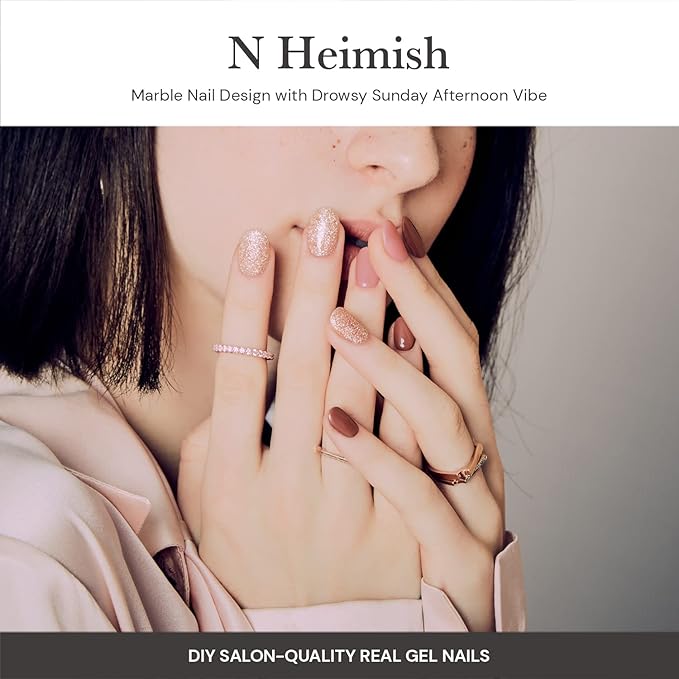 ohora Semi Cured Gel Nail Strips (N Heimish) - Brown, Glitter, Works with Any UV/LED Lamps, Salon-Quality, Long Lasting, Easy to Apply & Remove - Includes 2 Prep Pads, Nail File & Wooden Stick