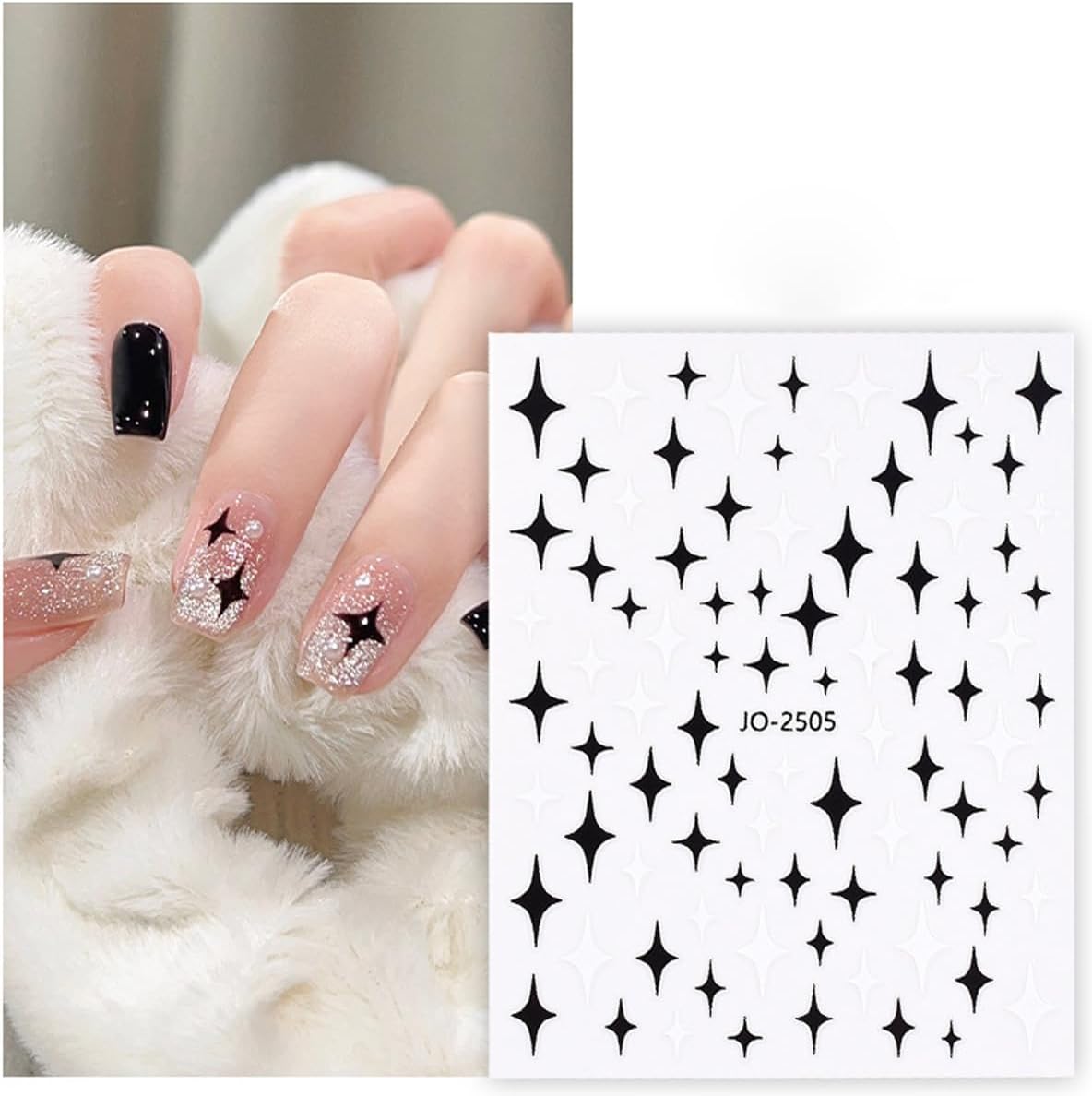 Black White Nail Art Stickers Star Heart Nail Decals Cute Bow Hearts Star Shapes Simple Shiny Pentagram Love Bow Nail Art Designs 3D Self-adhesive Press On Nail Art Charms Sticker Nail Decoration 6PCS