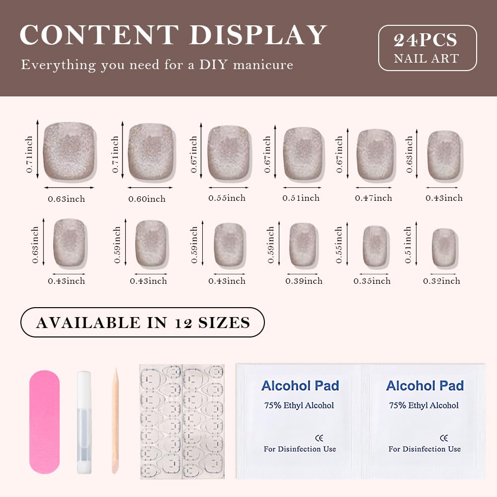 evpct Nude Cat Eye Extra Short Press on Nails Square, Petite Short Square Glue on Nails for Women Gift, Champagne Metallic Glitter Glossy Reusable Stick Gel Press on Acrylic Fake Nail with Designs