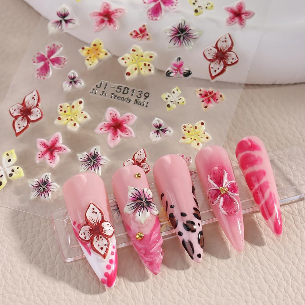 4 Sheets Embossed Flower Nail Art Stickers - Self-Adhesive Nail Decals, Colorful Floral Petals, 5D Acrylic Carved Design for Women & Girls Manicure Decoration