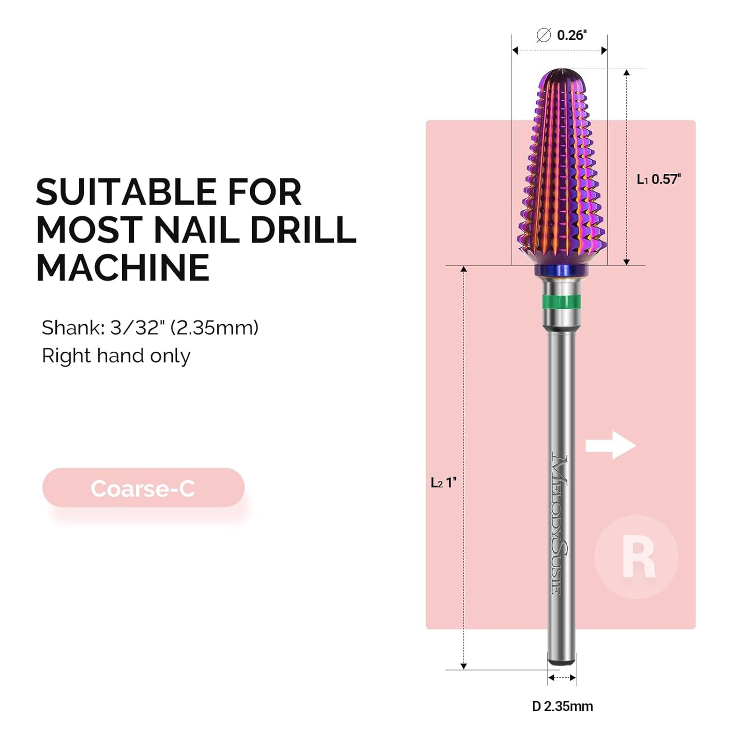 MelodySusie Professional Tornado Nail Drill Bits, 3/32'' Carbide Tungsten Multi-function Bits, Suitable for Manicure Pedicure Cuticle Gel Polishing, Salon Bits, Purple, Series Bit-X, Coarse