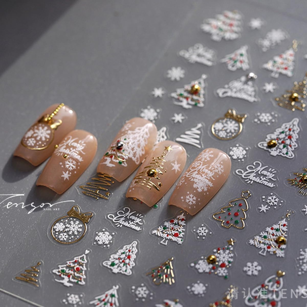 Christmas Nail Stickers 5D Embossed Xmas Tree Nail Decals with Rhinestones Snowflake Winter Nail Design Self-Adhesive Holiday Nail Art Decoration for Women Girls Nail Art Decoration