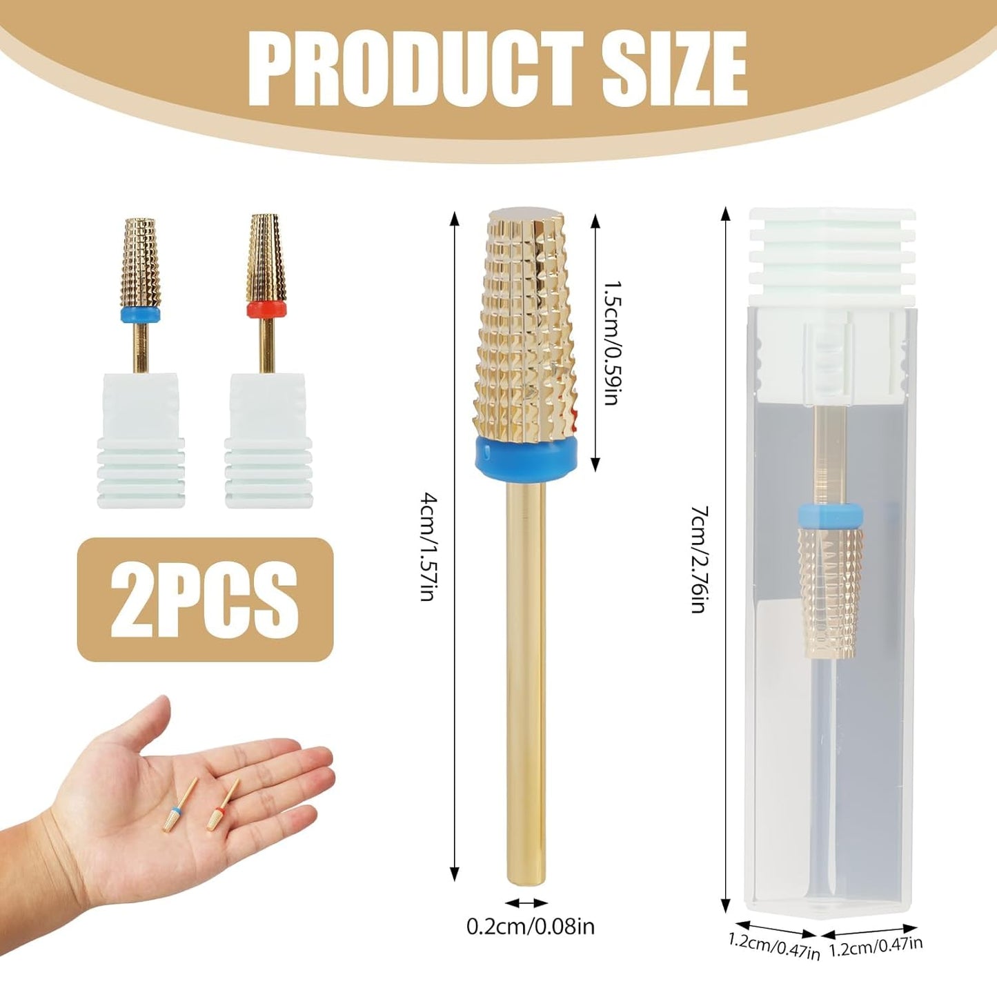 2 Pcs 3/32" 5 in 1 Professional Carbide Nail Drill Bits Sets with Case, 2 Pack Tungsten Safety Drill Bits Tech Cuticle Bit Fast Remove for Manicurist Nail Salon Manicure Pedicure Gel Polishing (Gold)