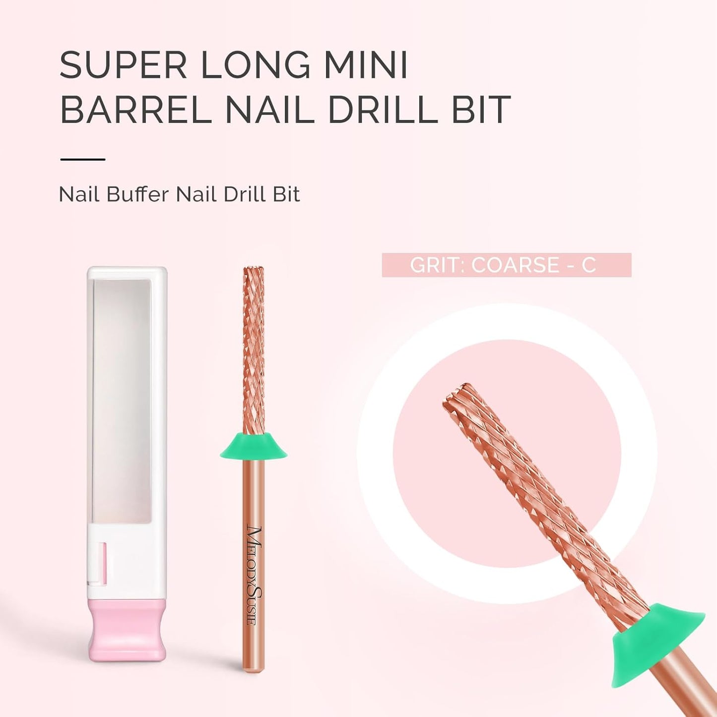 MelodySusie Super Long Mini Barrel Nail Buffer Bit, Professional Safety Carbide Nail Bit for Nail Bed File Cuticle Dead Skin Cleaning Nail Prepare, Two Way Rotate, Manicure Salon Supply, Rose Gold, C