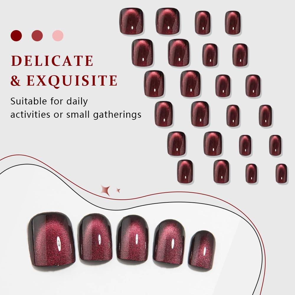 evpct Wine Red Cat Eye Extra Short Press on Nails Square, Petite Short Square Glue on Nails for Women Gift, Black Wine Red Metallic Glitter Glossy Reusable Gel Press on Acrylic Fake Nail with Designs