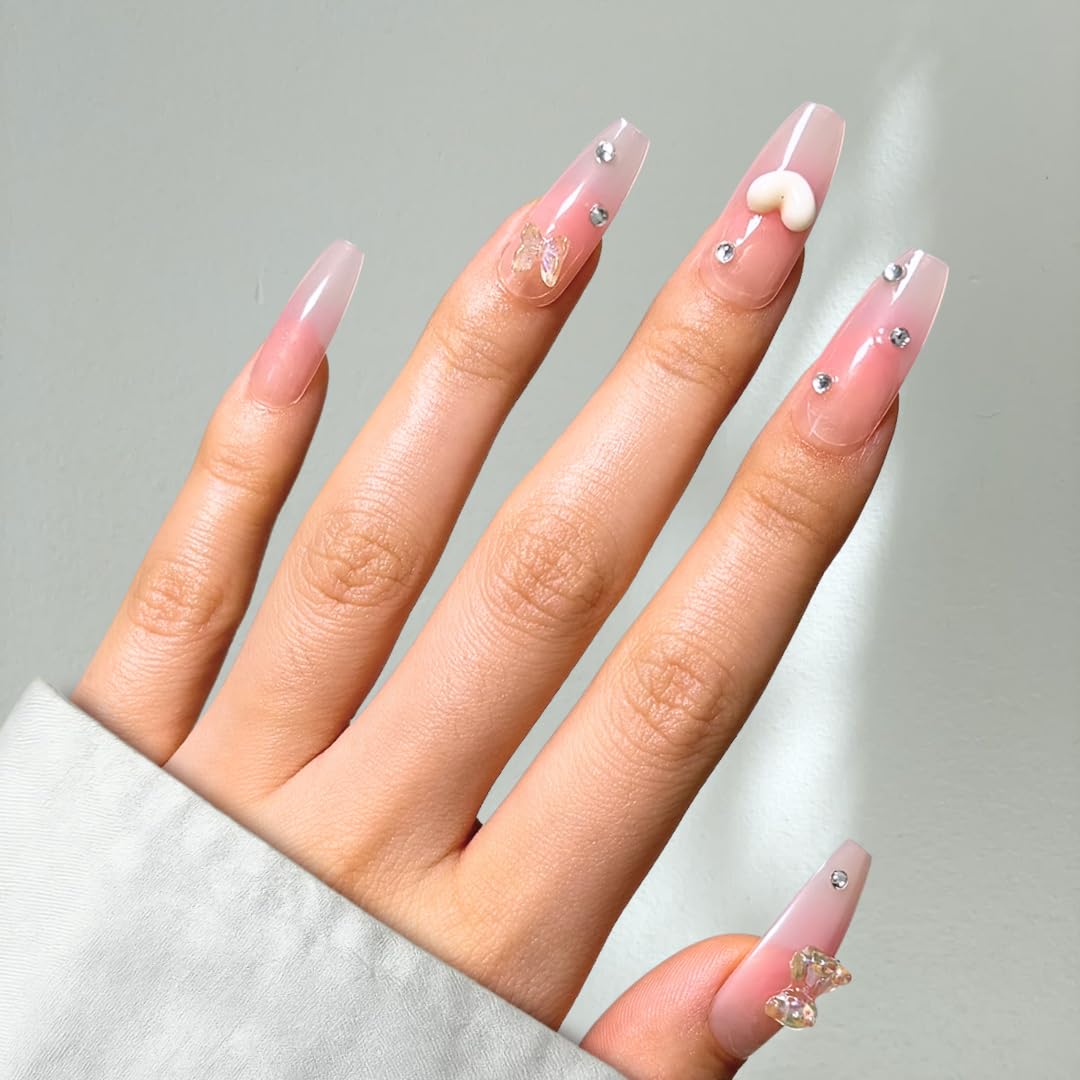 Perfect Look Press On Nails - Charm Love | No Glue One-Day Coffin Nails, Pink Ombre Fake Nails with 3D Bear Accents - 24 Pcs Nail Kit with Adhesive Tabs