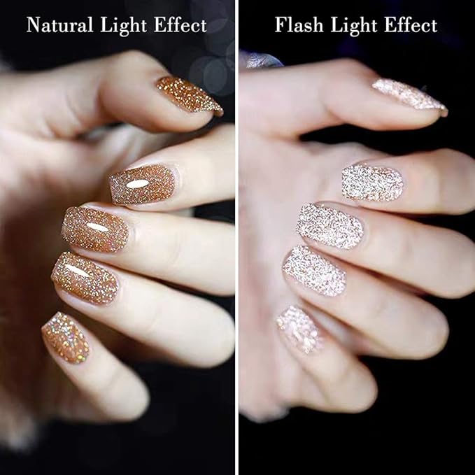 MIZHSE Reflective Gel Nail Polish, Glitter Gold Gel Polish, Sparkly Shiny Nail Effect Soak Off Nail Art Varnish for Beginners DIY at Home