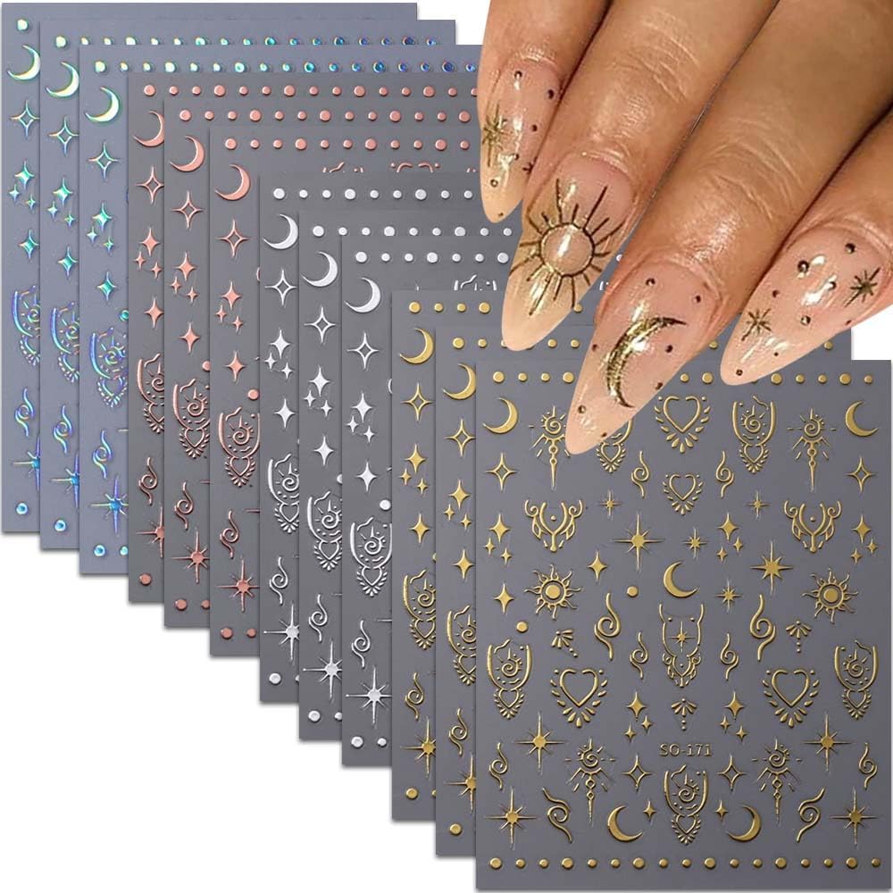 12 Sheets Metallic Nail Stickers Sun Star Nail Art Stickers 3D Self-Adhesive Shiny Laser Gold Silver Moon Rose Nail Decals Holographic Laser Glitter Nail Sticker for Women Nails Manicure Decorations