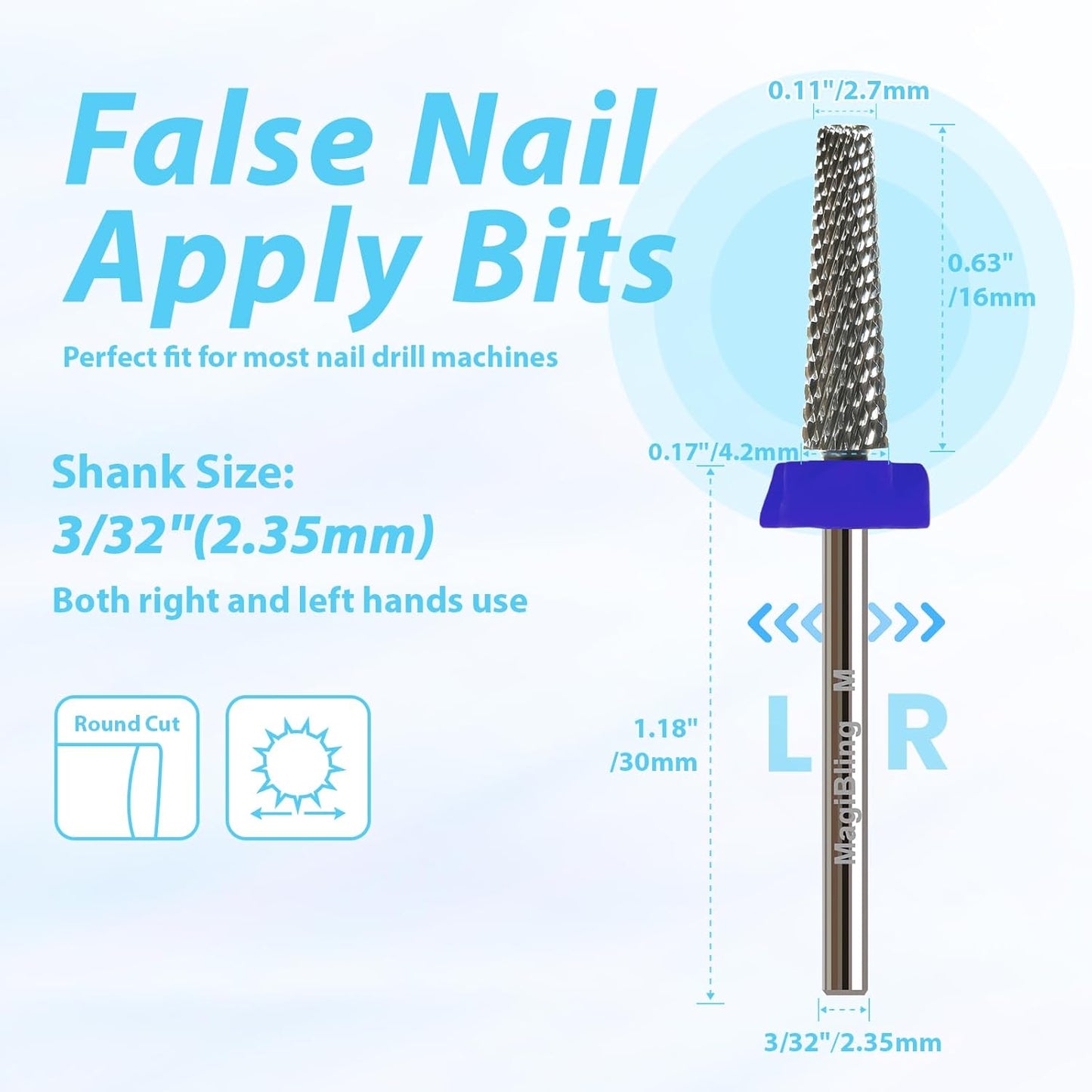 16mm 5 in 1 Nail Drill Bits for False Nail Apply, 3/32'' Tapered Tungsten Carbide Professional Bit, Slender Bit for Corners, Left & Right Hand Use, Manicure Cuticle Gel Polishing, Medium.