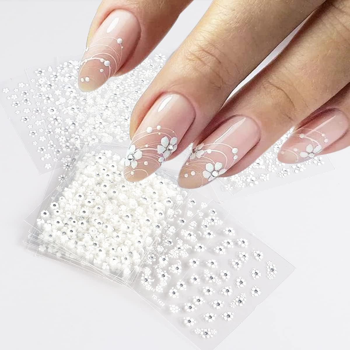 30Sheets Floral Nail Art Stickers Decals 3D Self Adhesive White Flower Designs Nails Supplies White Flower Stickers with Rhinestones Nail Decorations for Women Manicure Transfer Tool Nails Wraps