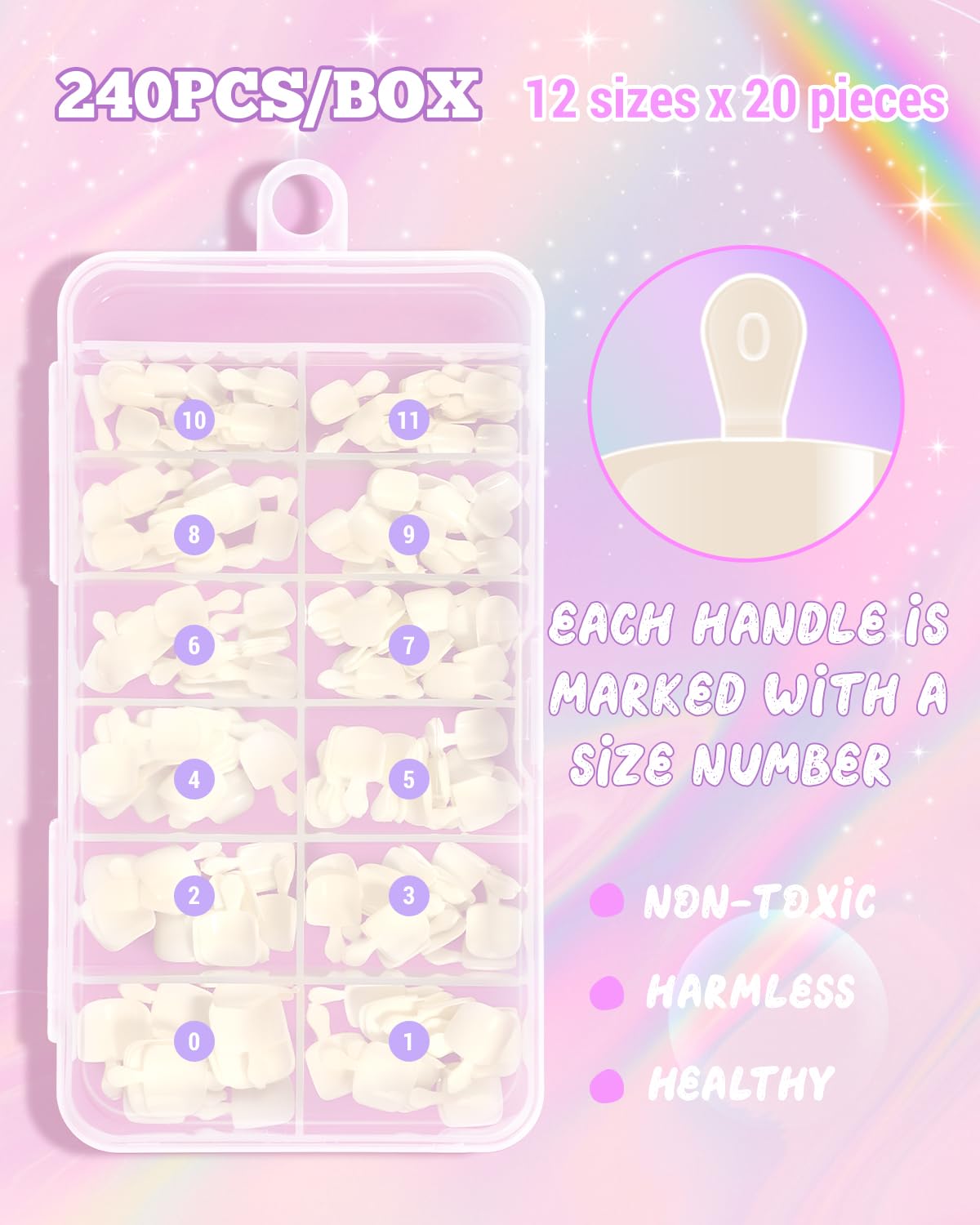 krofaue 240Pcs Kids Press on Nails with Handle - Short Fake Nails for Girls 12 Sizes Soft Gel Nail Tips for Safe & Fun DIY Nail Tips Art for Children 9-12(Nature)